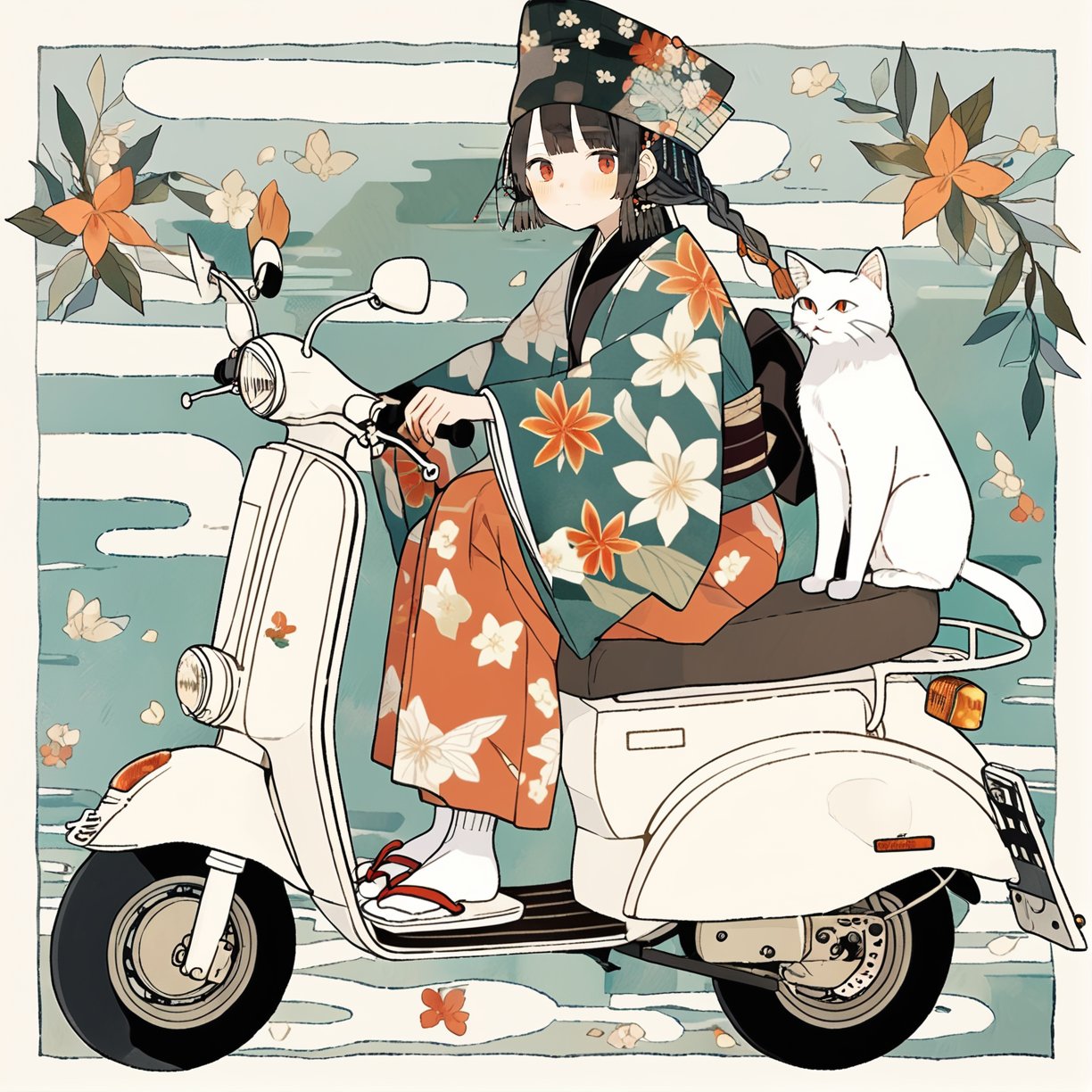 scooter, 1girl, cat, japanese clothes, solo, ground vehicle, black hair, floral print, kimono, motor vehicle, red eyes, braid, long hair, white cat, bangs, tabi, sandals, sitting, looking at viewer, flower, wide sleeves, long sleeves, full body, hat, twin braids, blush, white socks, egasumi, black headwear, socks, masterpiece, best quality, aesthetic 