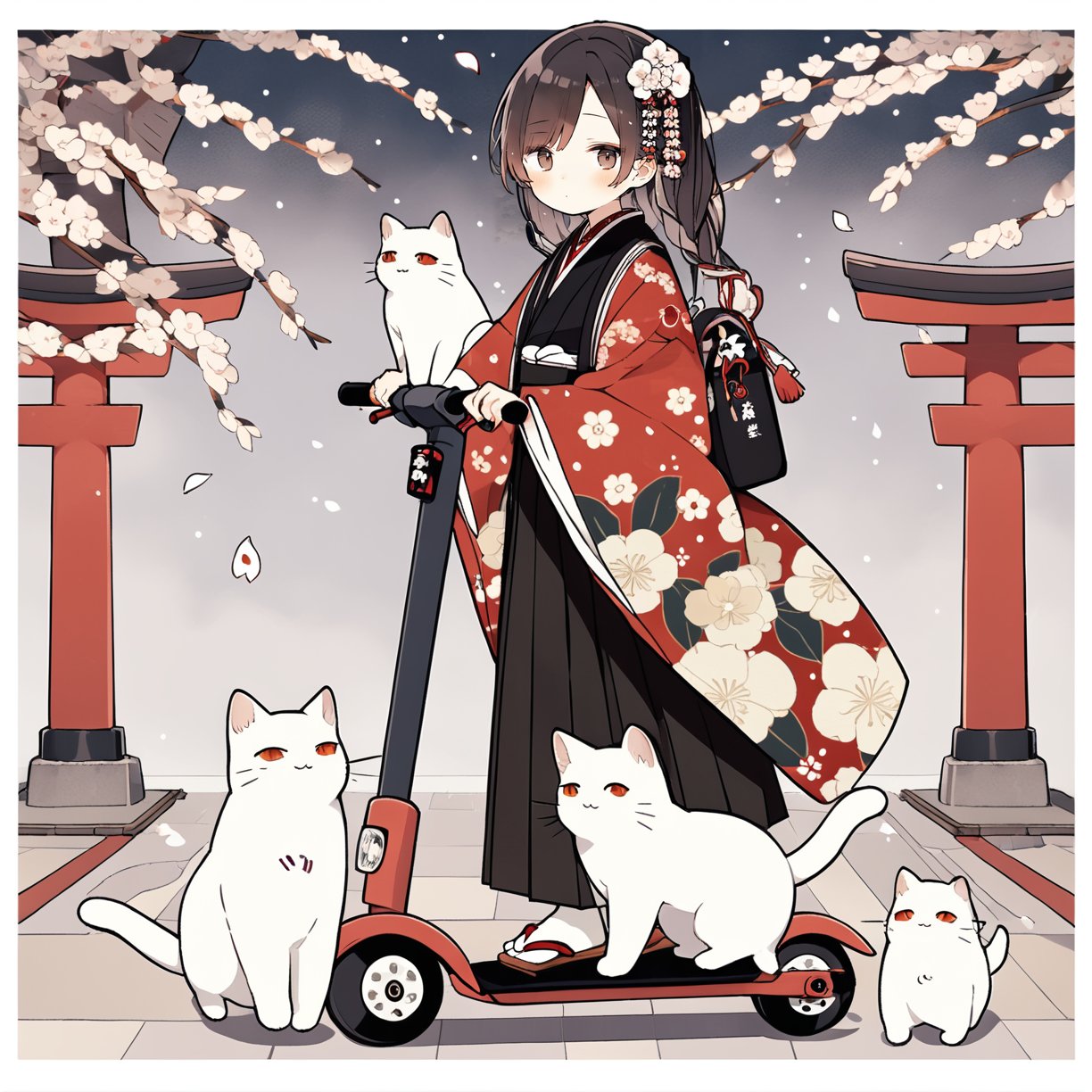 kickscooter, 1girl, japanese clothes, kimono, long hair, solo, hair ornament, cat, blush, black hair, flower, wide sleeves, red kimono, floral print, torii, bangs, hair flower, closed mouth, looking at viewer, long sleeves, full body, hakama, skirt, zouri, sandals, tabi, brown eyes, white cat, red eyes, bag, brown hair, black hakama, masterpiece, best quality, aesthetic 