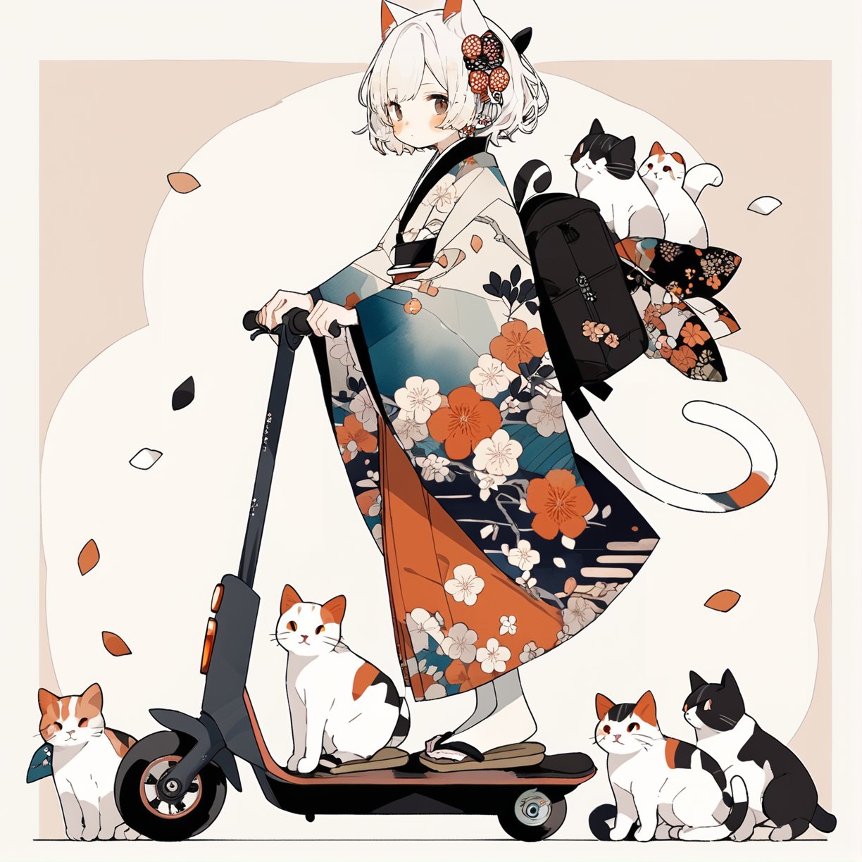 kickscooter, 1girl, animal ears, solo, japanese clothes, short hair, cat ears, kimono, cat, white hair, backpack, hair ornament, bag, blush, looking at viewer, floral print, sandals, full body, bangs, long sleeves, tail, cat tail, standing, skirt, wide sleeves, from side, white cat, print kimono, earrings, jewelry, brown eyes, animal, masterpiece, best quality, aesthetic 