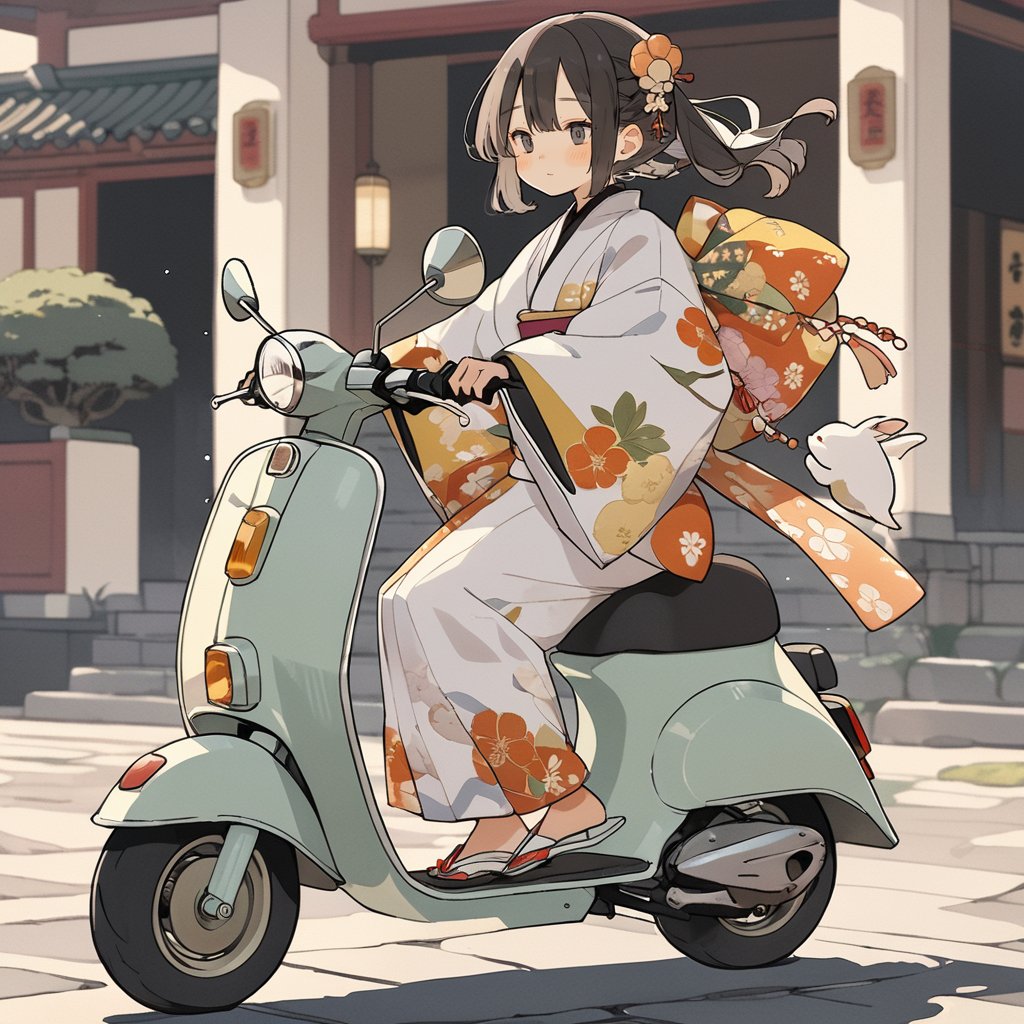 kimono girl riding a scooter, masterpiece, best quality, aesthetic 