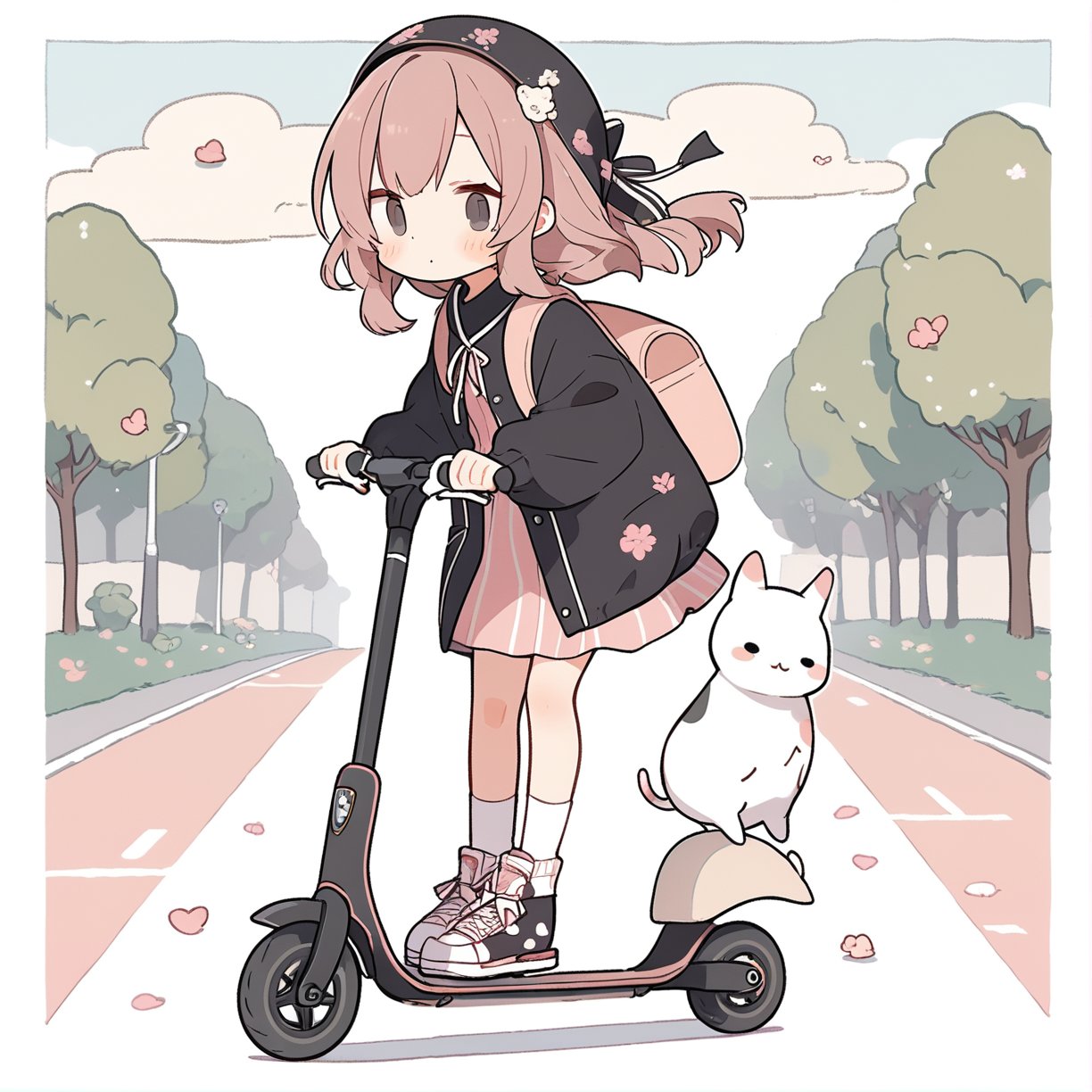 girl riding a kickscooter,cute illustration, kawaii, masterpiece, best quality, aesthetic 