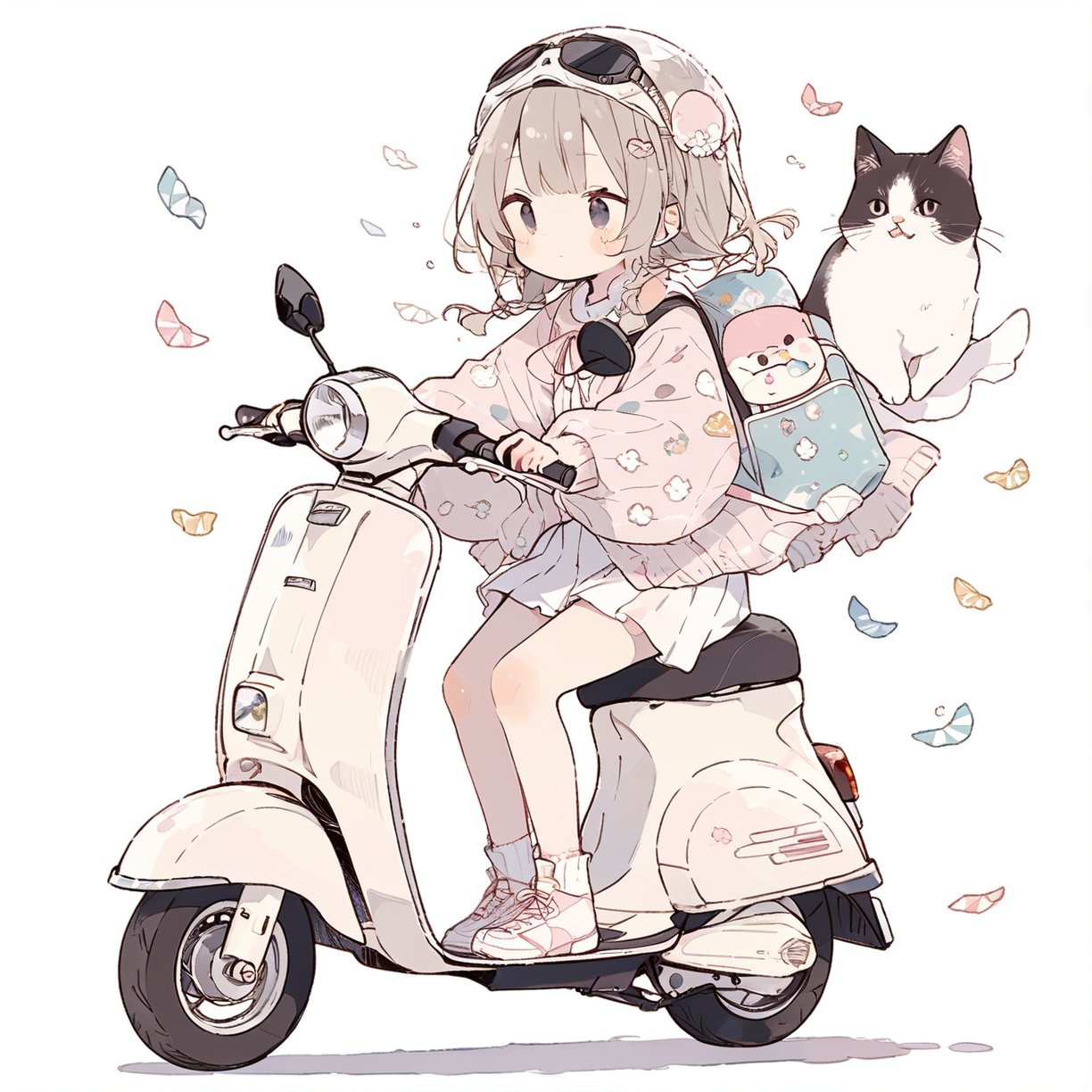 girl riding a scooter,cute illustration, kawaii, masterpiece, best quality, aesthetic 