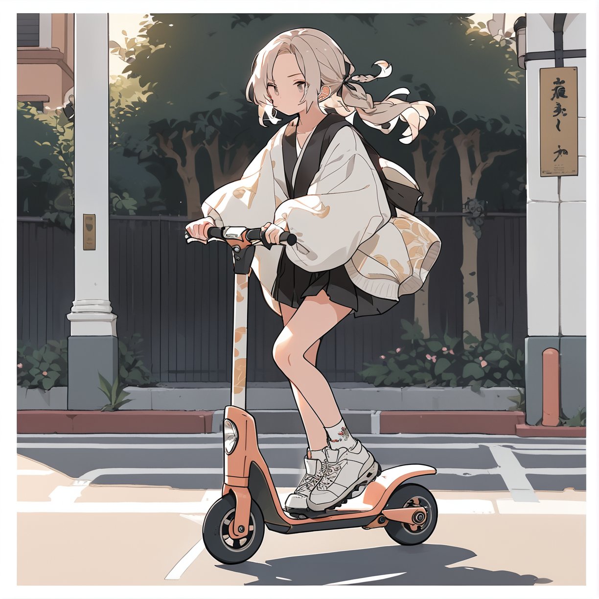 girl riding a kickscooter, masterpiece, best quality, aesthetic 