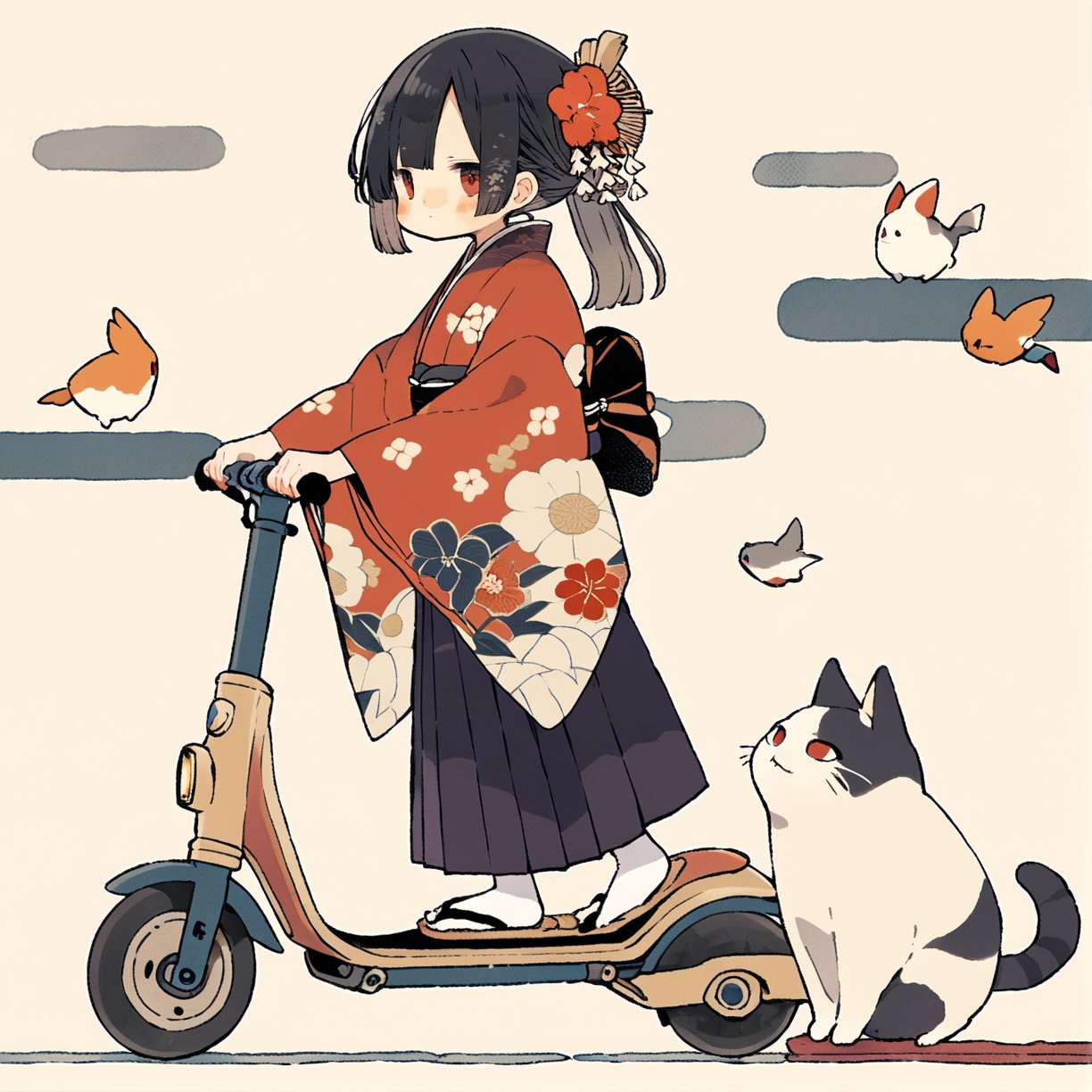 kickscooter, 1girl, japanese clothes, kimono, cat, solo, red eyes, black hair, bangs, floral print, sandals, ground vehicle, hair ornament, red kimono, bird, long hair, wide sleeves, flower, ponytail, full body, looking at viewer, blush, long sleeves, skirt, hair flower, hakama, jitome, sash, no mouth, obi, print kimono, egasumi, masterpiece, best quality, aesthetic 