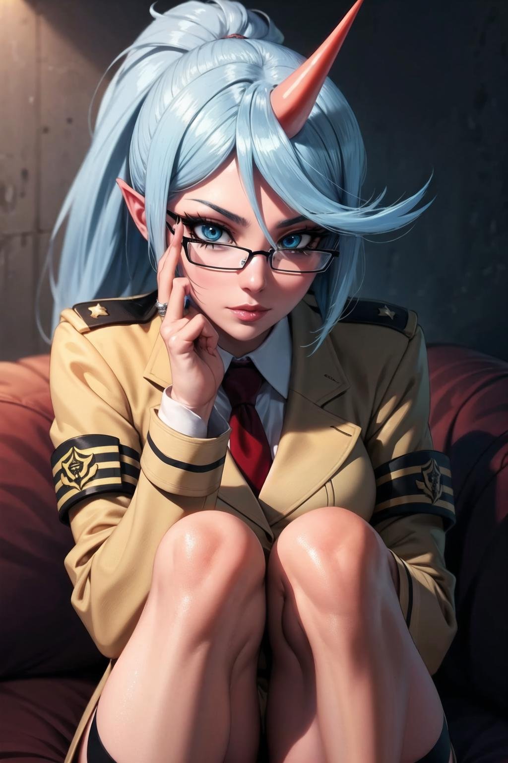 1girl,  psgkneesocks, demon_uniform, single_horn, necktie, glasses <lora:PSG_Kneesocks-09:1.0>, beautiful, (masterpiece:1.2), (best quality:1.2), perfect eyes, perfect face,