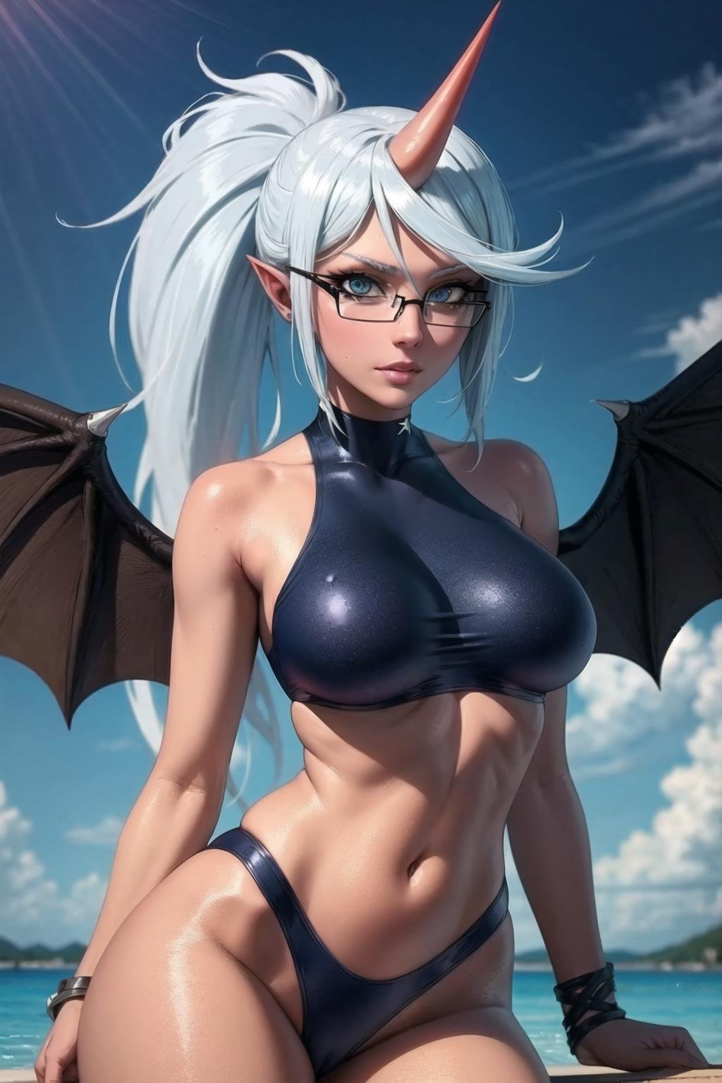 1girl,  psgkneesocks, demon_swimsuit, single_horn, glasses,bare_shoulders,  navel <lora:PSG_Kneesocks-09:1.0>, beautiful, (masterpiece:1.2), (best quality:1.2), perfect eyes, perfect face,