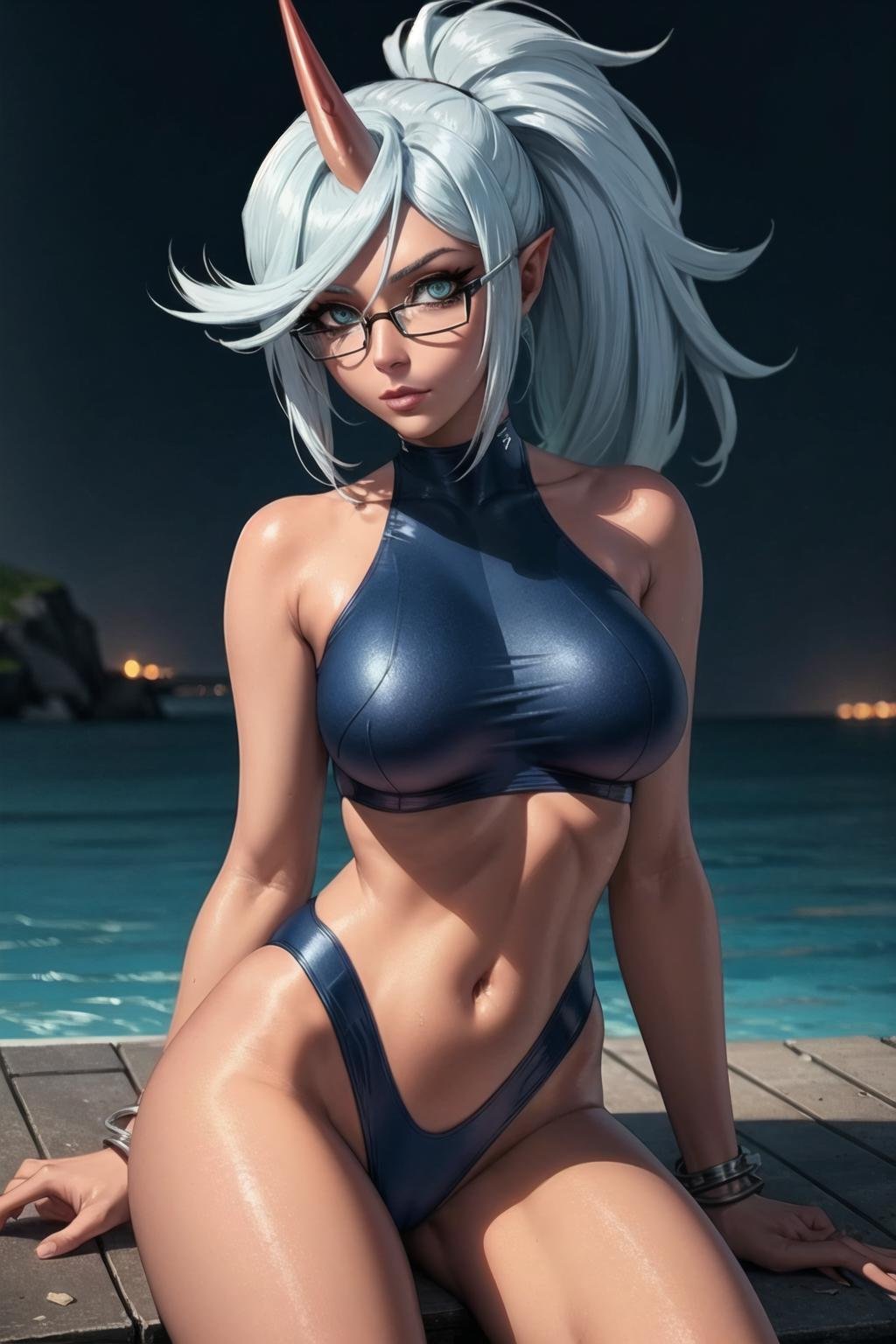 1girl,  psgkneesocks, demon_swimsuit, single_horn, glasses,bare_shoulders,  navel <lora:PSG_Kneesocks-09:1.0>, beautiful, (masterpiece:1.2), (best quality:1.2), perfect eyes, perfect face,