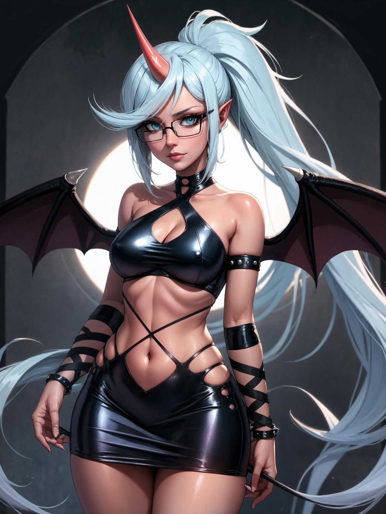 1girl,  psgkneesocks, demon_outfit, single_horn, halterneck, bare_shoulders, glasses, skirt, cleavage, navel <lora:PSG_Kneesocks-09:1.0> tiny black bat_wings, beautiful, (masterpiece:1.2), (best quality:1.2), perfect eyes, perfect face,