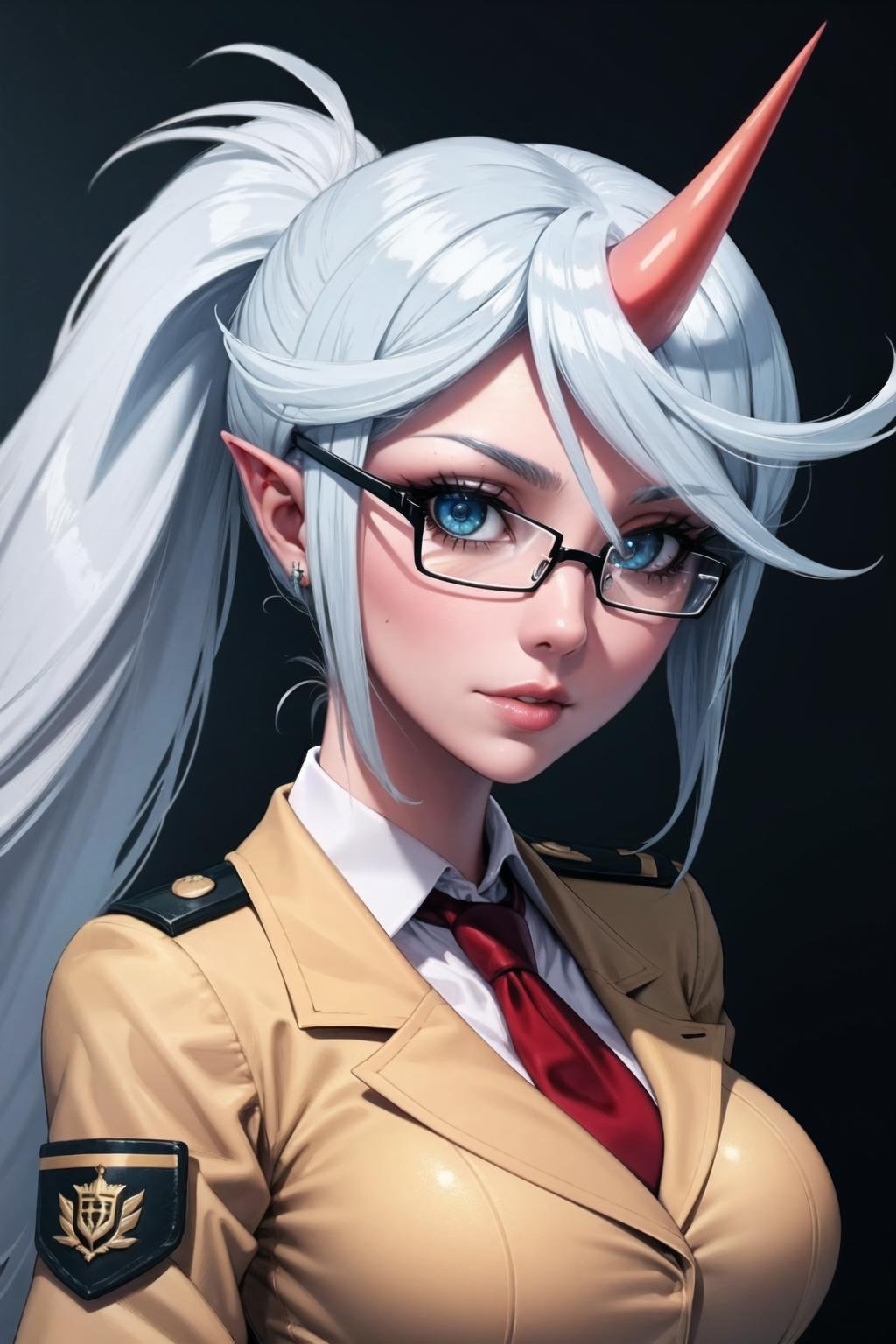 1girl,  psgkneesocks, demon_uniform, single_horn, necktie, glasses <lora:PSG_Kneesocks-09:1.0>, beautiful, (masterpiece:1.2), (best quality:1.2), perfect eyes, perfect face,