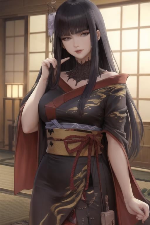 1girl, yotsuyu_ff14, long hair, black_hair, japanese clothes, <lora:YotsuyuFF14-10:1.0>( mole_under_mouth:0.75),, (Masterpiece, Best Quality:1.2),