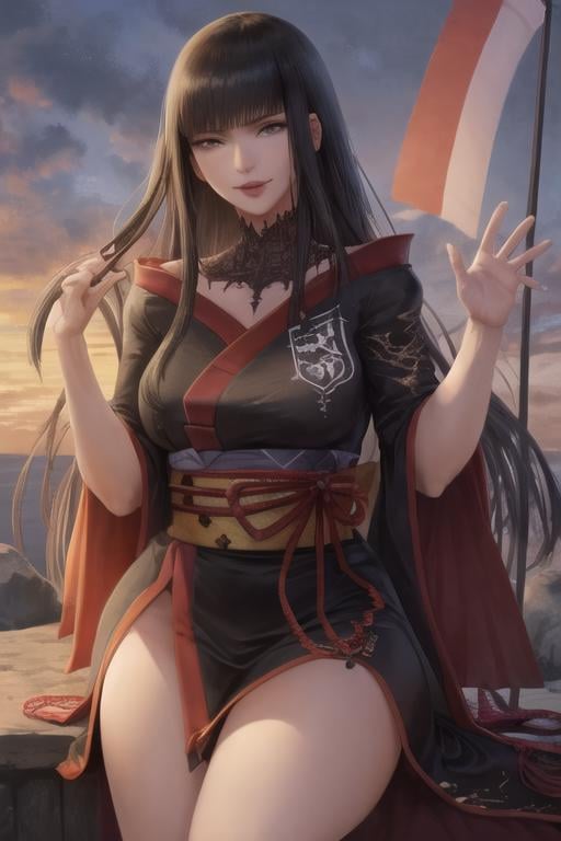 1girl, yotsuyu_ff14, long hair, black_hair, japanese clothes, <lora:YotsuyuFF14-10:1.0>( mole_under_mouth:0.75), waving_flag,, (Masterpiece, Best Quality:1.2),