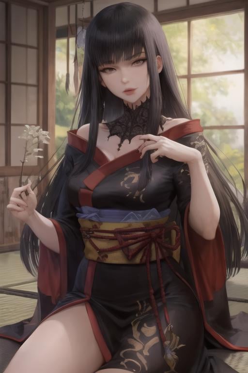 1girl, yotsuyu_ff14, long hair, black_hair, japanese clothes, <lora:YotsuyuFF14-10:1.0>( mole_under_mouth:0.75),, (Masterpiece, Best Quality:1.2),