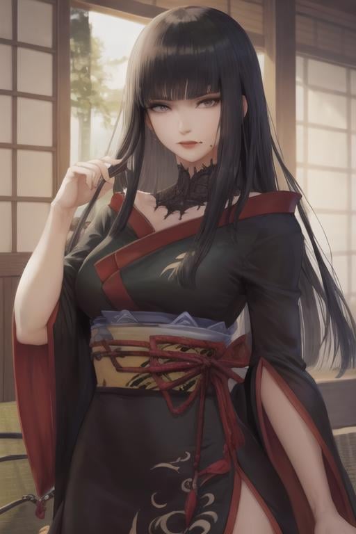 1girl, yotsuyu_ff14, long hair, black_hair, japanese clothes, <lora:YotsuyuFF14-10:1.0>( mole_under_mouth:0.75),, (Masterpiece, Best Quality:1.2),