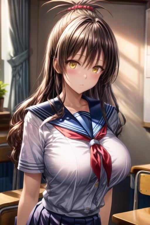 (masterpiece:1.2), best quality, high resolution, unity 8k wallpaper, (illustration:0.8), (beautiful detailed face, beautiful detailed eyes), perfect lighting, extremely detailed CG, (perfect hands, perfect anatomy), big breasts, milf, married woman, soft With a gentle appearance and a gentle mother-like atmosphere,<lora:結城 美柑 Mikan Yuki (To LOVE Ru):0.8>, mikan_a, brown hair, yellow eyes, hair ornaments, long hair, topknot, wavy hair, sailor school uniform, sailor collar, plead skirt,  , <lora:add_detail:1.0>