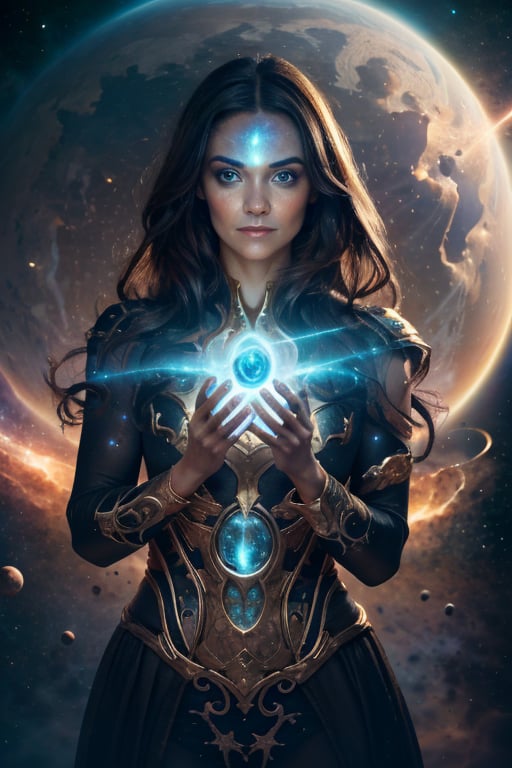 Nebula sorceress A woman with eyes that glow like dying stars, her hands wreathed in nebulous clouds, casting spells that shape the very fabric of space and time, (Front viewing), long sliver hair,glowing gold,pp_v2