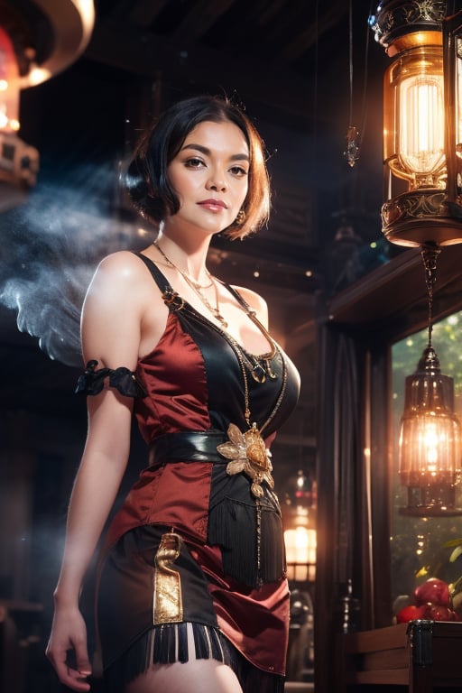 Photo realistic, mute colors, flapper girl, 20s style dress,  red outfit, art deco. cinematic lighting, smokey atmosphere, ethereal light, intricate details, extremely detailed, incredible details, full colored, complex details, hyper maximalist, gorgeous light and shadow, detailed decoration, detailed lines. masterpiece, best quality, HDR, UHD, unreal engine. looking at the camera, fair skin, scenery,Extremely Realistic,better photography, perfect light,pp_v3,Night scene, tt_e7,pp_v2