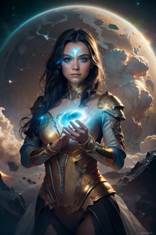Nebula sorceress A woman with eyes that glow like dying stars, her hands wreathed in nebulous clouds, casting spells that shape the very fabric of space and time,ir_v3, (Front viewing), long sliver hair,glowing gold,pp_v2