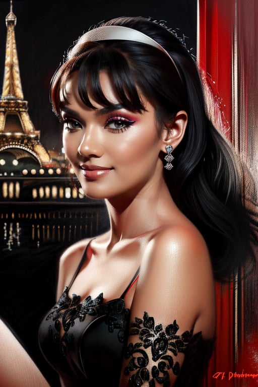  front view, beautiful girl look like Audrey Hepburn, delicate face , smile,black eyes,black long hair,red gorgeous evening dress Antique cityscape rough sketch art gray texture Paris, painting, black and white,tt_e7,pp_v2