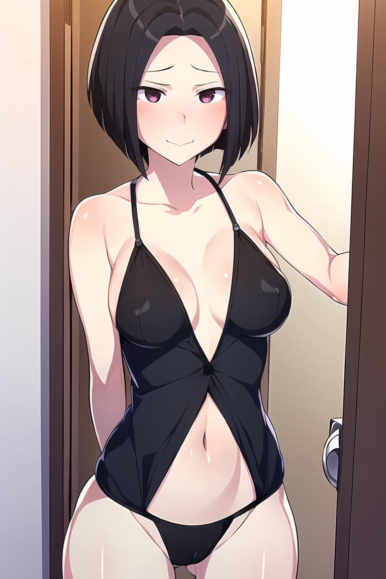 (masterpiece, best quality), 1girl, solo, looking at viewer, <lora:Angry Ex-GF (Stopman):0.75>,angryexgf, (red eyes:0.7), brown eyes, black hair, short hair, bob cut, forehead, sidelocks, parted hair, tsurime, medium breasts,skimpy, revealing clothes, collarbone, areola slip, cameltoe, navel,Skeptical, Raised eyebrows and a slightly pursed mouth,erotic pose, seductive pose,cowboy shot,valleys, entryway,shark,door