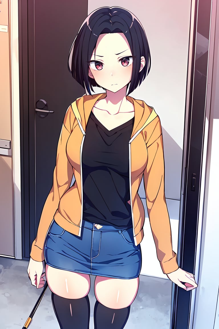 (masterpiece, best quality), 1girl, solo, looking at viewer, <lora:Angry Ex-GF (Stopman):0.7>,angryexgf, (red eyes:0.7), brown eyes, black hair, short hair, bob cut, forehead, sidelocks, parted hair, tsurime, medium breasts,(orange hoodie, hood down, blue pencil skirt, mini denim skirt, black thighhighs, black undershirt), (sleeves past elbows, collarbone, white trim),__IsshikiAiFace__,__IsshikiAiPose__,__RatetasoShot__,__location__