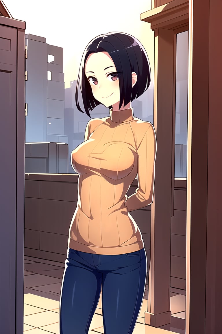 (masterpiece, best quality), 1girl, solo, looking at viewer, <lora:Angry Ex-GF (Stopman):0.75>,angryexgf, (red eyes:0.7), brown eyes, black hair, short hair, bob cut, forehead, sidelocks, parted hair, tsurime, medium breasts,winter clothing, sweater, ribbed sweater, long sleaves, jeans, uggs, ankle boots, covered collarbone, turtleneck,smile, closed mouth, blush,standing, straight-on, arms behind back,cowboy shot,waterfalls, caving helmet,bat colony,eel,egret