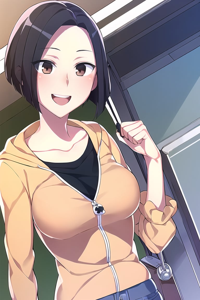 (masterpiece, best quality), 1girl, solo, looking at viewer, <lora:Angry Ex-GF (Stopman):0.9>,angryexgf, (red eyes:0.7), brown eyes, black hair, short hair, bob cut, forehead, sidelocks, parted hair, tsurime, medium breasts,(orange hoodie, hood down, blue pencil skirt, mini denim skirt, black thighhighs, black undershirt), (sleeves past elbows, collarbone, white trim),smile, open mouth, tongue, teeth, happy, blush,hair flip, hand up,close-up, portrait,isocolon architecture wonderland forbidden knowledge,commuter