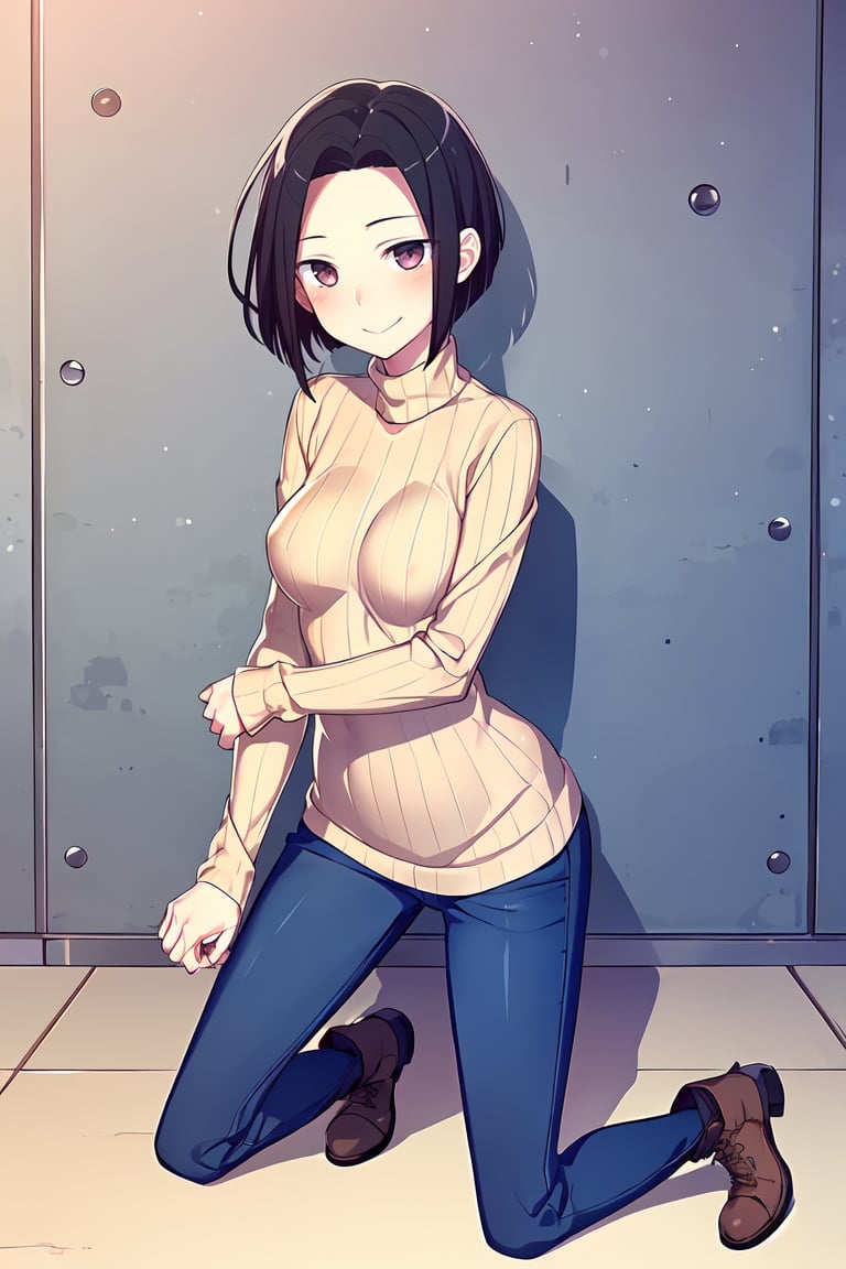 (masterpiece, best quality), 1girl, solo, looking at viewer, <lora:Angry Ex-GF (Stopman):0.75>,angryexgf, (red eyes:0.7), brown eyes, black hair, short hair, bob cut, forehead, sidelocks, parted hair, tsurime, medium breasts,winter clothing, sweater, ribbed sweater, long sleaves, jeans, uggs, ankle boots, covered collarbone, turtleneck,seductive smile, closed mouth, blush,kneeling with head bowed, displaying humility or prayer,cowboy shot,utopian city, fascia,astral plane,marine conservation,graffiti