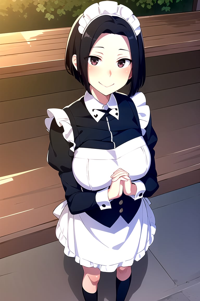 (masterpiece, best quality), 1girl, solo, looking at viewer, <lora:Angry Ex-GF (Stopman):0.75>,angryexgf, (red eyes:0.7), brown eyes, black hair, short hair, bob cut, forehead, sidelocks, parted hair, tsurime, medium breasts,maid, maid headdress, long sleeves, frills, apron, buttons, white socks, white shoes,seductive smile, closed mouth, blush,standing, straight-on, v arms, arms in front, own hands together,extreme close up,nebula, canopy of trees,finial,moonlight