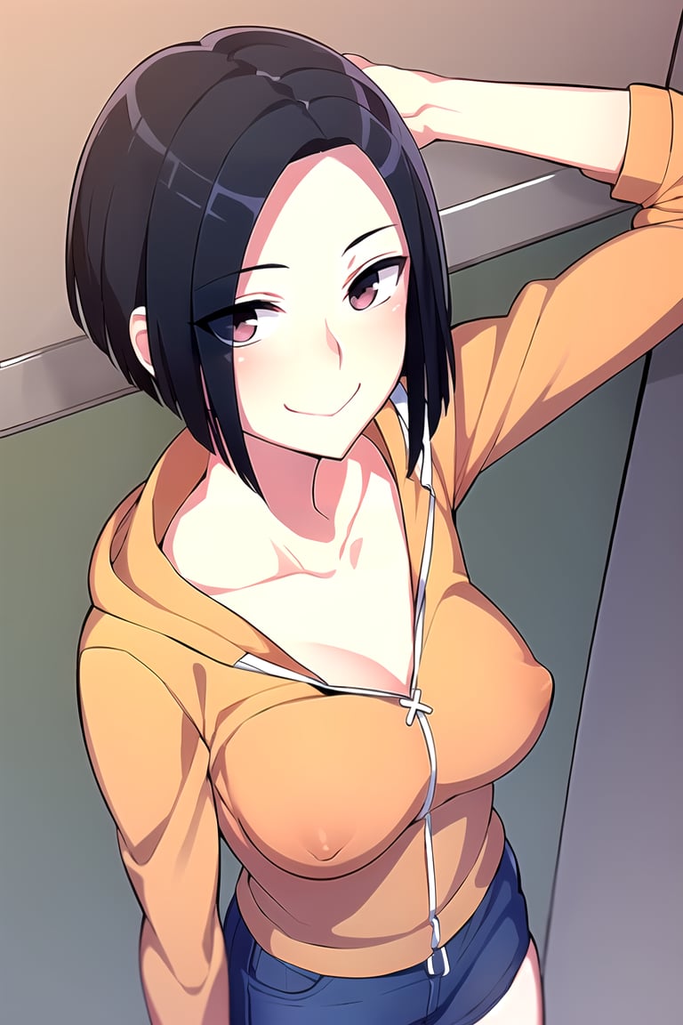 (masterpiece, best quality), 1girl, solo, looking at viewer, <lora:Angry Ex-GF (Stopman):0.8>,angryexgf, (red eyes:0.7), brown eyes, black hair, short hair, bob cut, forehead, sidelocks, parted hair, tsurime, medium breasts,(orange hoodie, hood down, blue pencil skirt, mini denim skirt, black thighhighs, black undershirt), (sleeves past elbows, collarbone, white trim),seductive smile, closed mouth, blush,tucking hair, hand up,upper body, close-up,deep sea, speleology,minaret