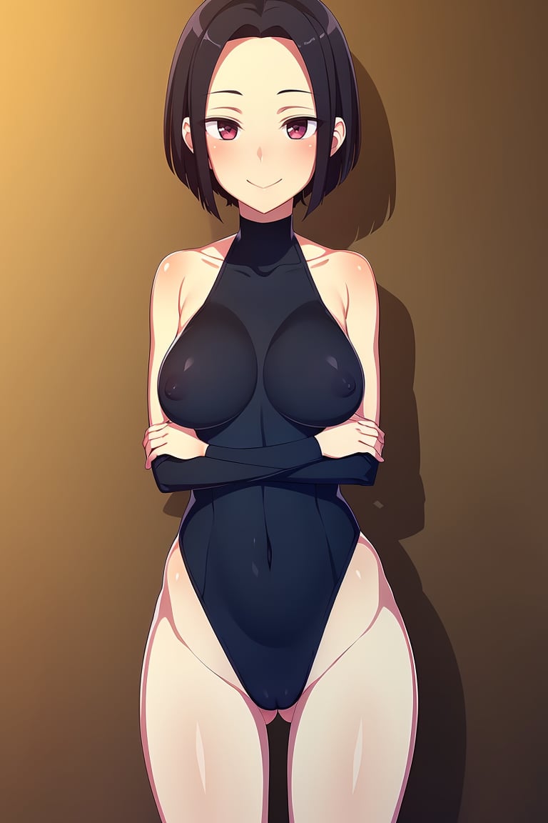 (masterpiece, best quality), 1girl, solo, looking at viewer, <lora:Angry Ex-GF (Stopman):0.75>,angryexgf, (red eyes:0.7), brown eyes, black hair, short hair, bob cut, forehead, sidelocks, parted hair, tsurime, medium breasts,bodysuit, colorful bodysuit, leotard, colorful leotard, <lora:colorful_dress:0.5>, colorful_dress, skin tight, cameltoe, collarbone, covered navel, covered nipples, covered collarbone, turtleneck, long sleeves,light smile, closed mouth, blush,standing, straight-on, v arms, arms in front, own hands together,upper body,Muggy and overcast