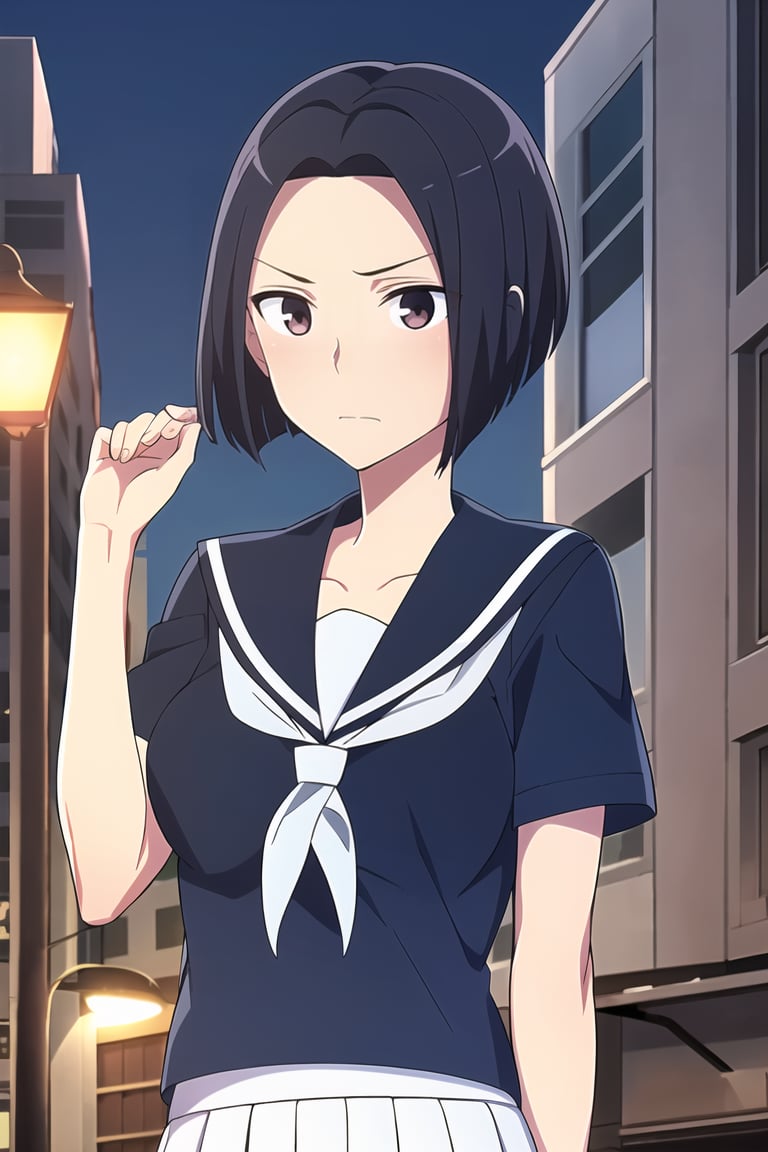 (masterpiece, best quality), 1girl, solo, looking at viewer, <lora:Angry Ex-GF (Stopman):0.75>,angryexgf, (red eyes:0.7), brown eyes, black hair, short hair, bob cut, forehead, sidelocks, parted hair, tsurime, medium breasts,school uniform, neckerchief, sailor necktie, sailor uniform, skirt, pleated skirt, white uniform, short sleeves,expressionless, closed mouth, serious,hair flip, hand up,upper body, close-up,city background, street lights, buildings