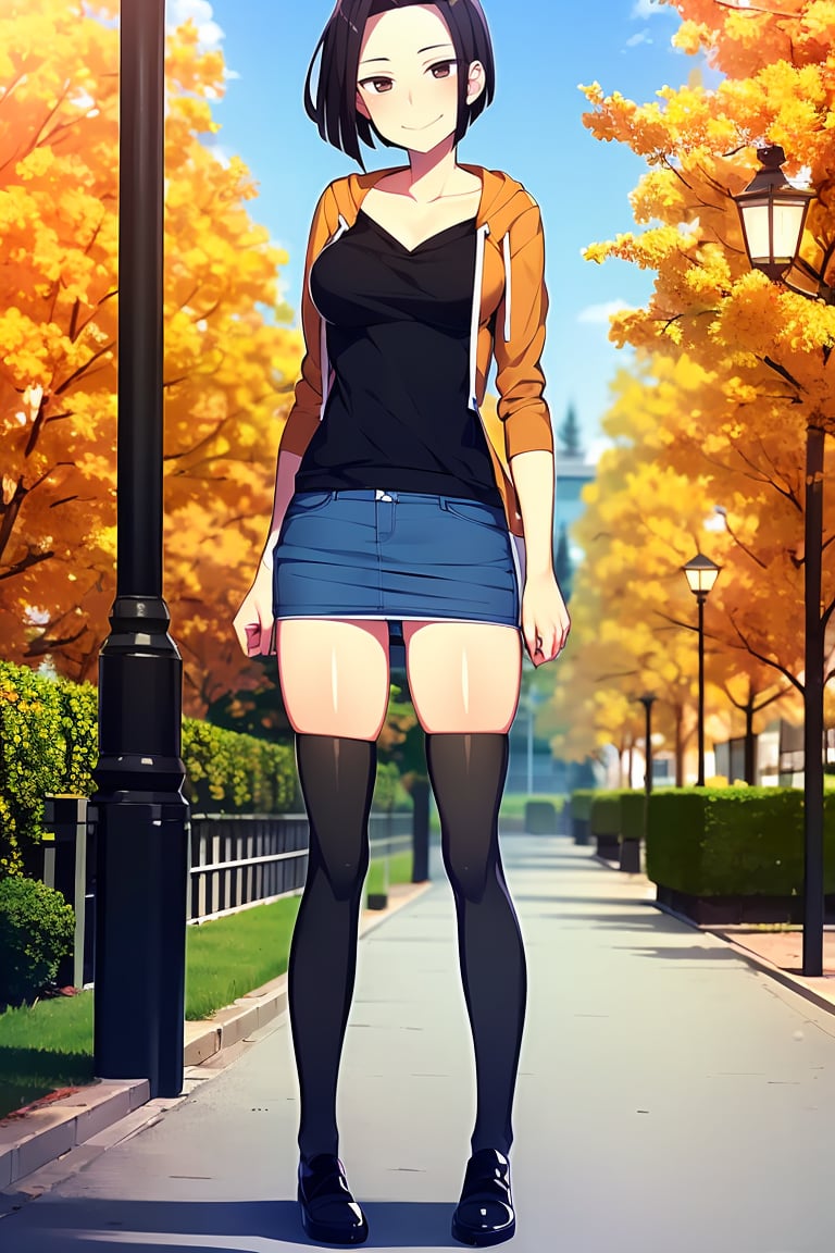 (masterpiece, best quality), 1girl, solo, looking at viewer, <lora:Angry Ex-GF (Stopman):0.8>,angryexgf, (red eyes:0.7), brown eyes, black hair, short hair, bob cut, forehead, sidelocks, parted hair, tsurime, medium breasts,(orange hoodie, hood down, blue pencil skirt, mini denim skirt, black thighhighs, black undershirt), (sleeves past elbows, collarbone, white trim),smile, closed mouth,cute pose,full body,nature, lampost, tree, park