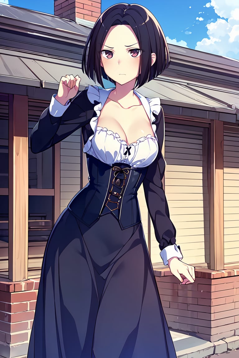 (masterpiece, best quality), 1girl, solo, looking at viewer, <lora:Angry Ex-GF (Stopman):0.75>,angryexgf, (red eyes:0.7), brown eyes, black hair, short hair, bob cut, forehead, sidelocks, parted hair, tsurime, medium breasts,formal wear, party dress, long skirt, frills, ribbons, corset, lace, buttons, long sleeves, covered collarbone,expressionless, closed mouth, serious,posing for model shoot,extreme close up,nebula, bike lane,chimney flue,street