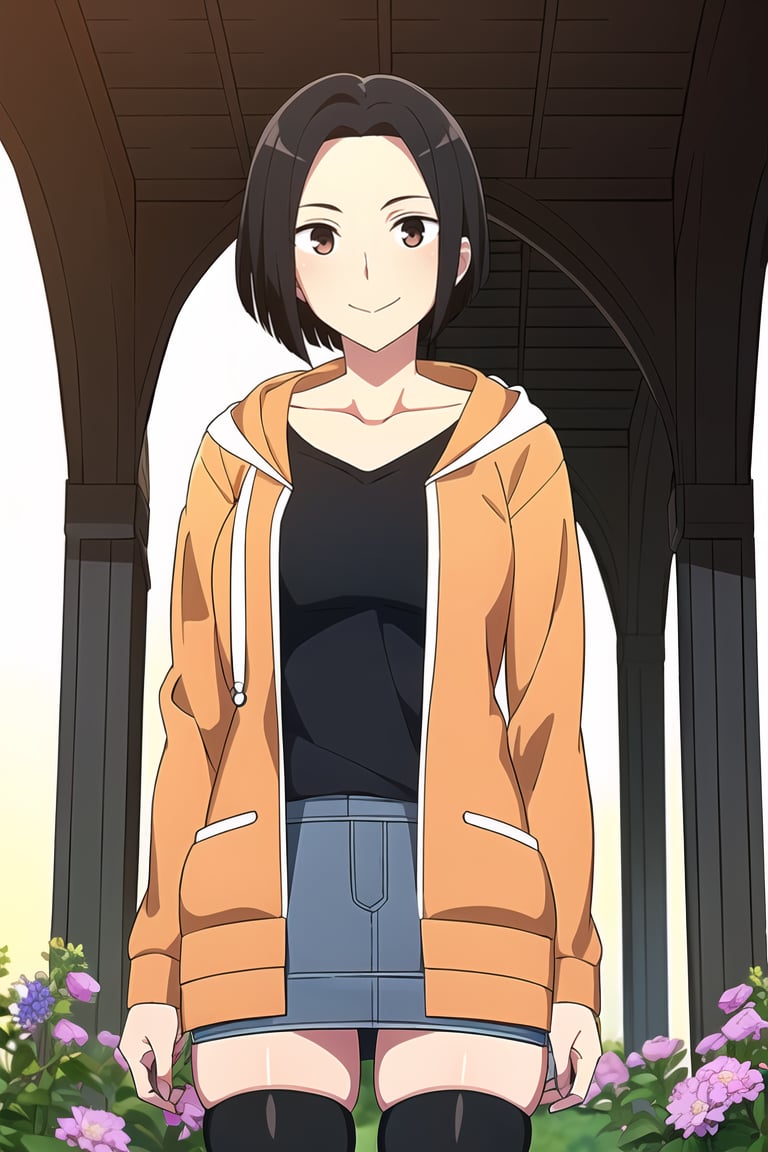 (masterpiece, best quality), 1girl, solo, looking at viewer, <lora:Angry Ex-GF (Stopman):0.7>,angryexgf, (red eyes:0.7), brown eyes, black hair, short hair, bob cut, forehead, sidelocks, parted hair, tsurime, medium breasts,(orange hoodie, hood down, blue pencil skirt, mini denim skirt, black thighhighs, black undershirt), (sleeves past elbows, collarbone, white trim),light smile, closed mouth,standing, straight-on, v arms, arms in front, own hands together,upper body,gothic architecture, marsh,bog flowers