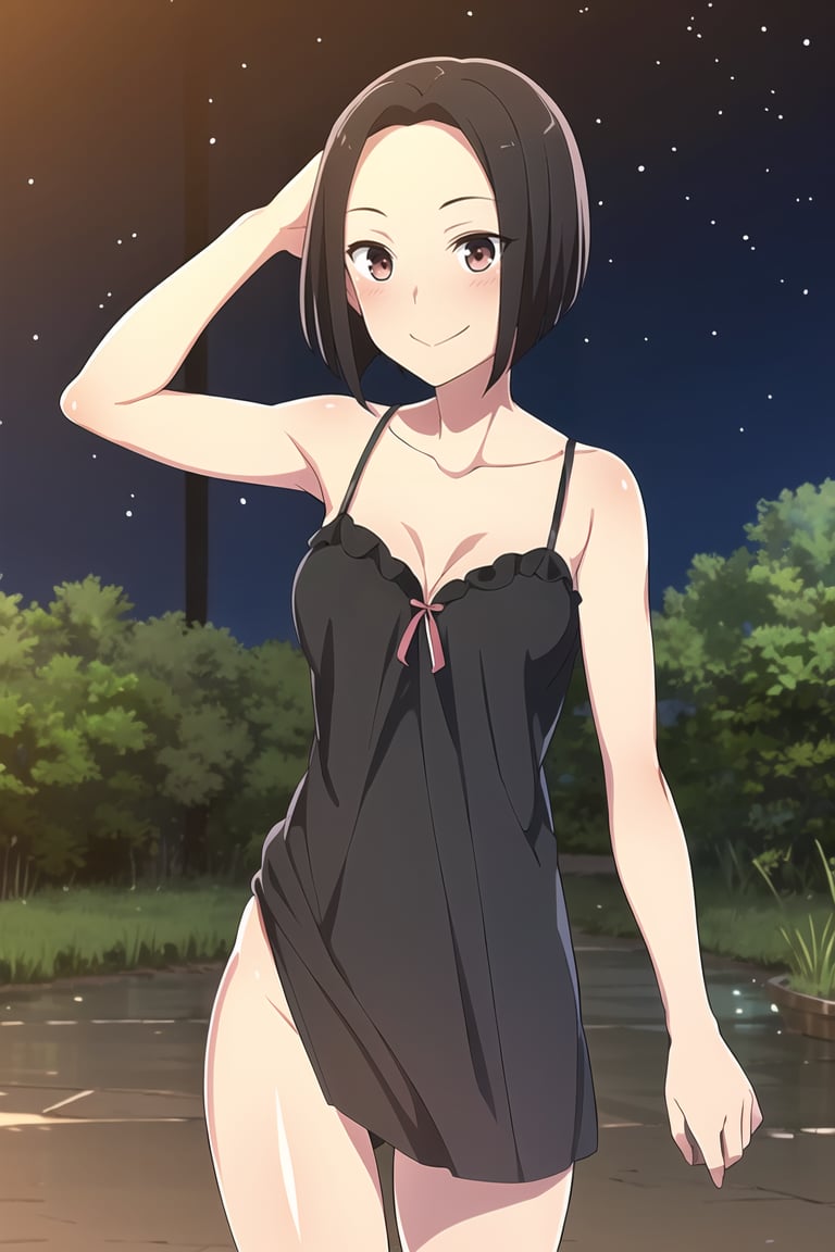 (masterpiece, best quality), 1girl, solo, looking at viewer, <lora:Angry Ex-GF (Stopman):0.75>,angryexgf, (red eyes:0.7), brown eyes, black hair, short hair, bob cut, forehead, sidelocks, parted hair, tsurime, medium breasts,nightgown, lingerie, spaghetti strap, garterbelt, sleeveless, barefoot, no panties, collarbone,seductive smile, closed mouth, blush,tucking hair, hand up,cowboy shot,swamp, nebula,astronomy