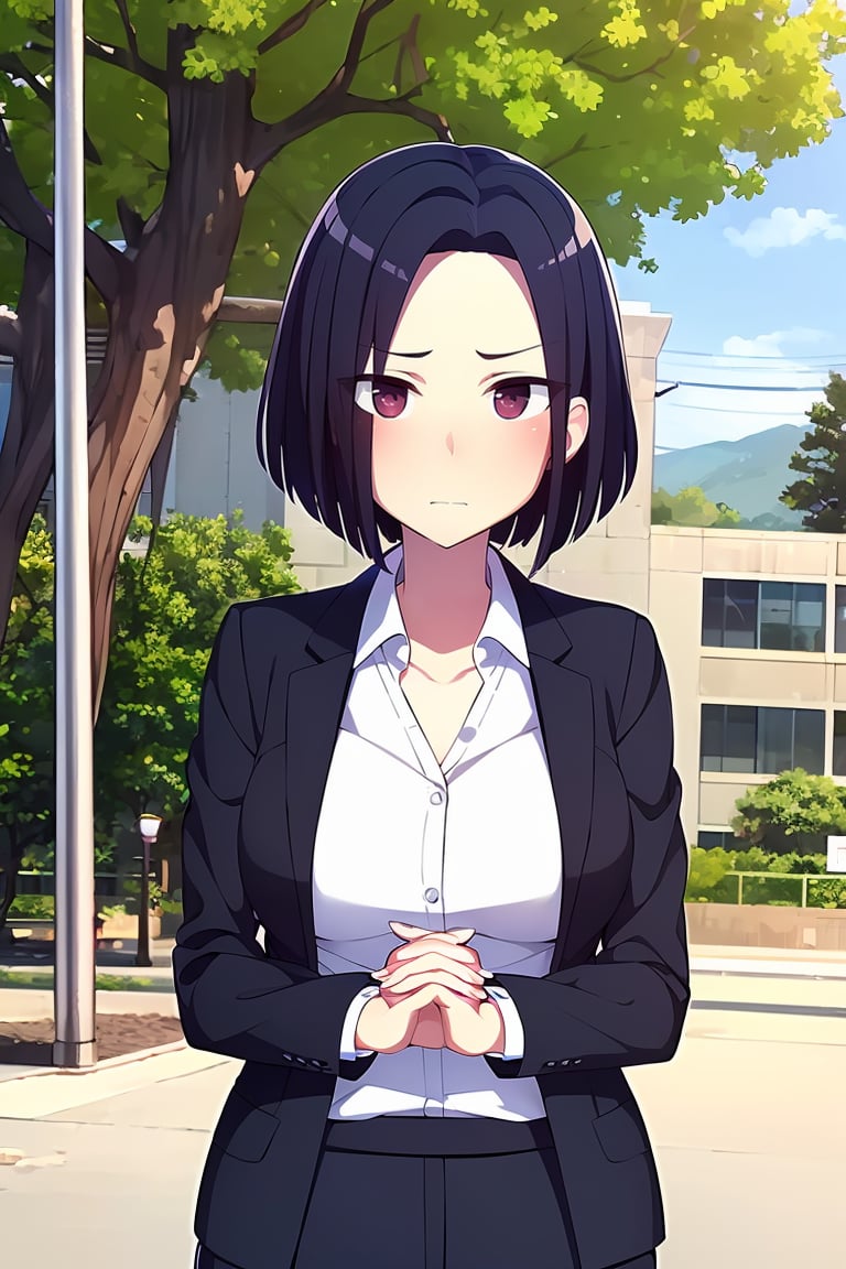 (masterpiece, best quality), 1girl, solo, looking at viewer, <lora:Angry Ex-GF (Stopman):0.75>,angryexgf, (red eyes:0.7), brown eyes, black hair, short hair, bob cut, forehead, sidelocks, parted hair, tsurime, medium breasts,business suit, office lady, suit jacket, pencil skirt, mini skirt, blouse, frills, ribbed shirt, collared shirt, long sleeves,expressionless, closed mouth, blush,standing, straight-on, v arms, arms in front, own hands together,upper body, close-up,nature, lampost, tree, park