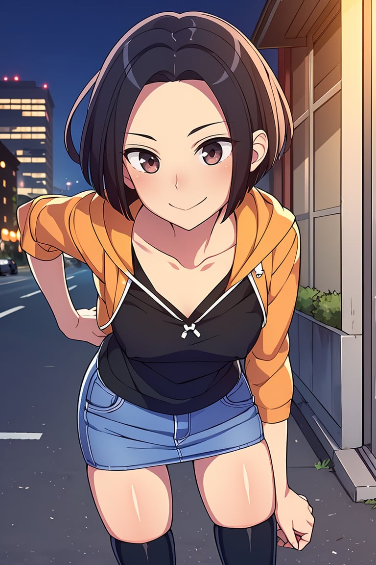 (masterpiece, best quality), 1girl, solo, looking at viewer, <lora:Angry Ex-GF (Stopman):0.8>,angryexgf, (red eyes:0.7), brown eyes, black hair, short hair, bob cut, forehead, sidelocks, parted hair, tsurime, medium breasts,(orange hoodie, hood down, blue pencil skirt, mini denim skirt, black thighhighs, black undershirt), (sleeves past elbows, collarbone, white trim),light smile, closed mouth,erotic pose, seductive pose,extreme close up,city background, street lights, buildings