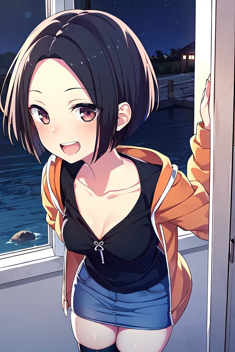 (masterpiece, best quality), 1girl, solo, looking at viewer, <lora:Angry Ex-GF (Stopman):0.7>,angryexgf, (red eyes:0.7), brown eyes, black hair, short hair, bob cut, forehead, sidelocks, parted hair, tsurime, medium breasts,(orange hoodie, hood down, blue pencil skirt, mini denim skirt, black thighhighs, black undershirt), (sleeves past elbows, collarbone, white trim),smile, open mouth, tongue, teeth, happy, blush,hair flip, hand up,close-up, portrait, night sky nighttime illumination,louvered window,mariana trench,sea anemone