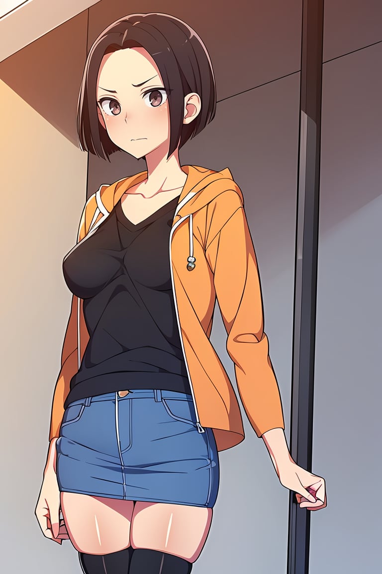 (masterpiece, best quality), 1girl, solo, looking at viewer, <lora:Angry Ex-GF (Stopman):0.8>,angryexgf, (red eyes:0.7), brown eyes, black hair, short hair, bob cut, forehead, sidelocks, parted hair, tsurime, medium breasts,(orange hoodie, hood down, blue pencil skirt, mini denim skirt, black thighhighs, black undershirt), (sleeves past elbows, collarbone, white trim),__IsshikiAiFace__,__IsshikiAiPose__,__RatetasoShot__,__location__