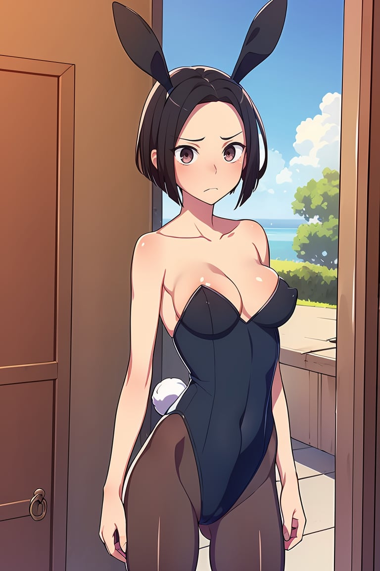 (masterpiece, best quality), 1girl, solo, looking at viewer, <lora:Angry Ex-GF (Stopman):0.75>,angryexgf, (red eyes:0.7), brown eyes, black hair, short hair, bob cut, forehead, sidelocks, parted hair, tsurime, medium breasts,black leotard, animal ears, cleavage, covered navel, fake animal ears, fake tail, leotard, pantyhose, playboy bunny, rabbit ears, rabbit tail, strapless leotard, tail, collarbone,Worried,posing for model shoot,cowboy shot,Clear sky