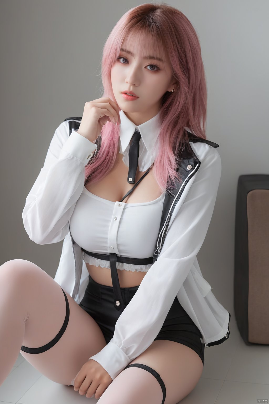 ((best quality)), ((masterpiece)), ((ultra-detailed)), (ultra realistic,best quality),photorealistic,Extremely Realistic, extremely detailed,  ((detailed light)), (an extremely delicate and beautiful), 1girl, solo, long hair,  large breasts, 
sitting, jacket, white shirt, pink hair, pantyhose, shorts, pink eyes, thigh strap, black shorts, high-waist shorts