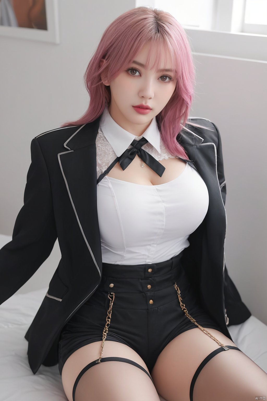 ((best quality)), ((masterpiece)), ((ultra-detailed)), (ultra realistic,best quality),photorealistic,Extremely Realistic, extremely detailed,  ((detailed light)), (an extremely delicate and beautiful), 1girl, solo, long hair,  large breasts, 
sitting, jacket, white shirt, pink hair, pantyhose, shorts, pink eyes, thigh strap, black shorts, high-waist shorts, HUBG_Beauty_Girl