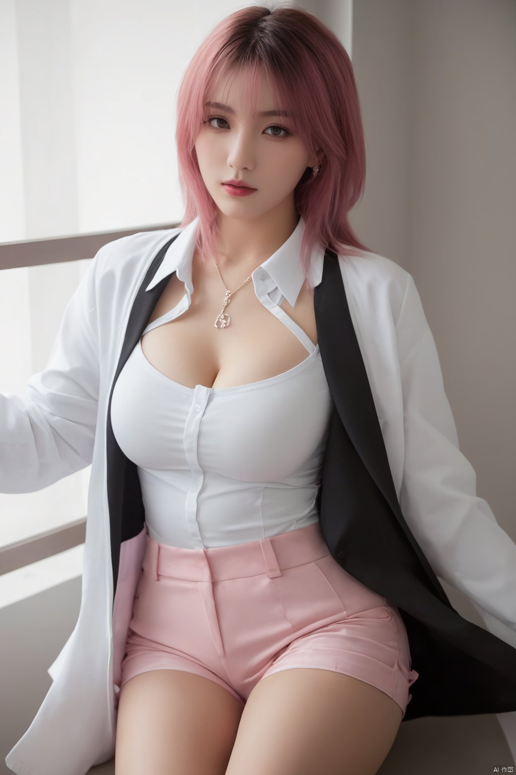 ((best quality)), ((masterpiece)), ((ultra-detailed)), (ultra realistic,best quality),photorealistic,Extremely Realistic, extremely detailed,  ((detailed light)), (an extremely delicate and beautiful), 1girl, solo, long hair,  large breasts, 
sitting, jacket, white shirt, pink hair, pantyhose, shorts, pink eyes, thigh strap, black shorts, high-waist shorts, HUBG_Beauty_Girl