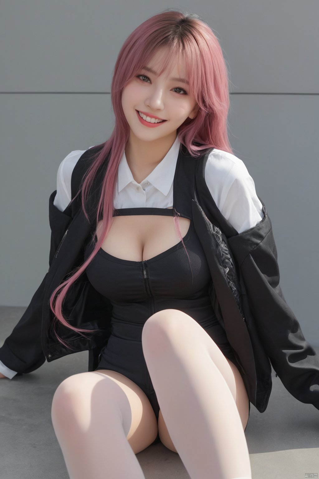 ((best quality)), ((masterpiece)), ((ultra-detailed)), (ultra realistic,best quality),photorealistic,Extremely Realistic, extremely detailed,  ((detailed light)), (an extremely delicate and beautiful), 1girl, solo, long hair, smile, large breasts, 
sitting, jacket, white shirt, pink hair, pantyhose, shorts, pink eyes, thigh strap, black shorts, high-waist shorts