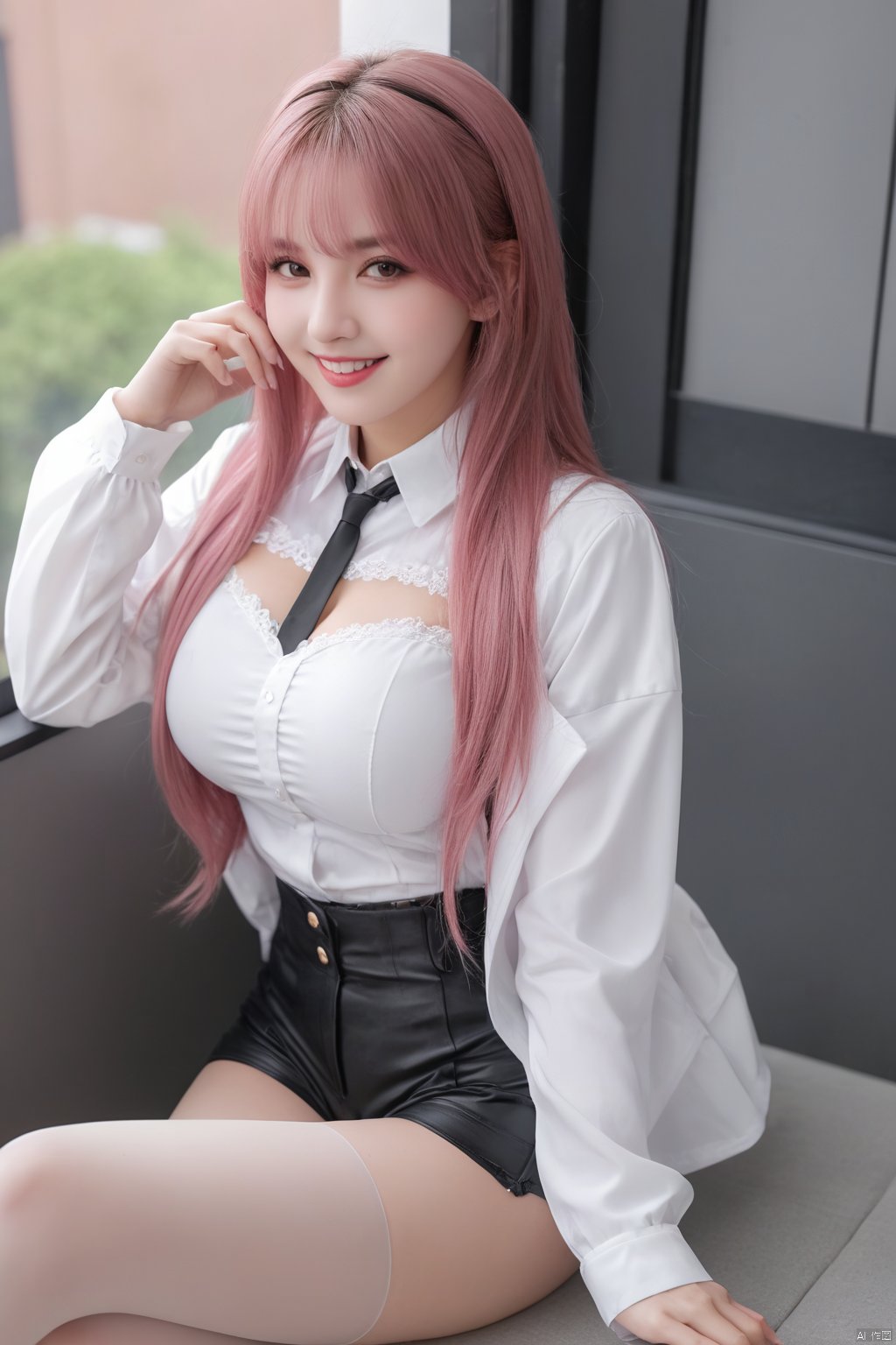 ((best quality)), ((masterpiece)), ((ultra-detailed)), (ultra realistic,best quality),photorealistic,Extremely Realistic, extremely detailed,  ((detailed light)), (an extremely delicate and beautiful), 1girl, solo, long hair, smile, large breasts, 
sitting, jacket, white shirt, pink hair, pantyhose, shorts, pink eyes, thigh strap, black shorts, high-waist shorts