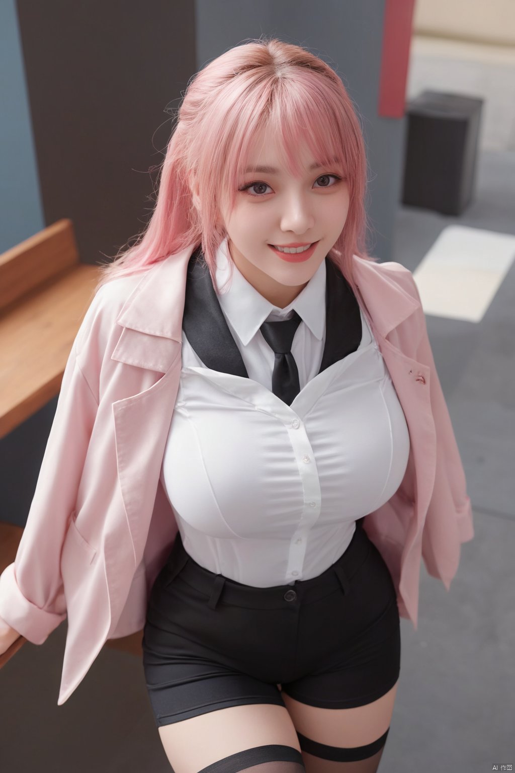 ((best quality)), ((masterpiece)), ((ultra-detailed)), (ultra realistic,best quality),photorealistic,Extremely Realistic, extremely detailed,  ((detailed light)), (an extremely delicate and beautiful), 1girl, solo, long hair, smile, large breasts, 
sitting, jacket, white shirt, pink hair, pantyhose, shorts, pink eyes, thigh strap, black shorts, high-waist shorts