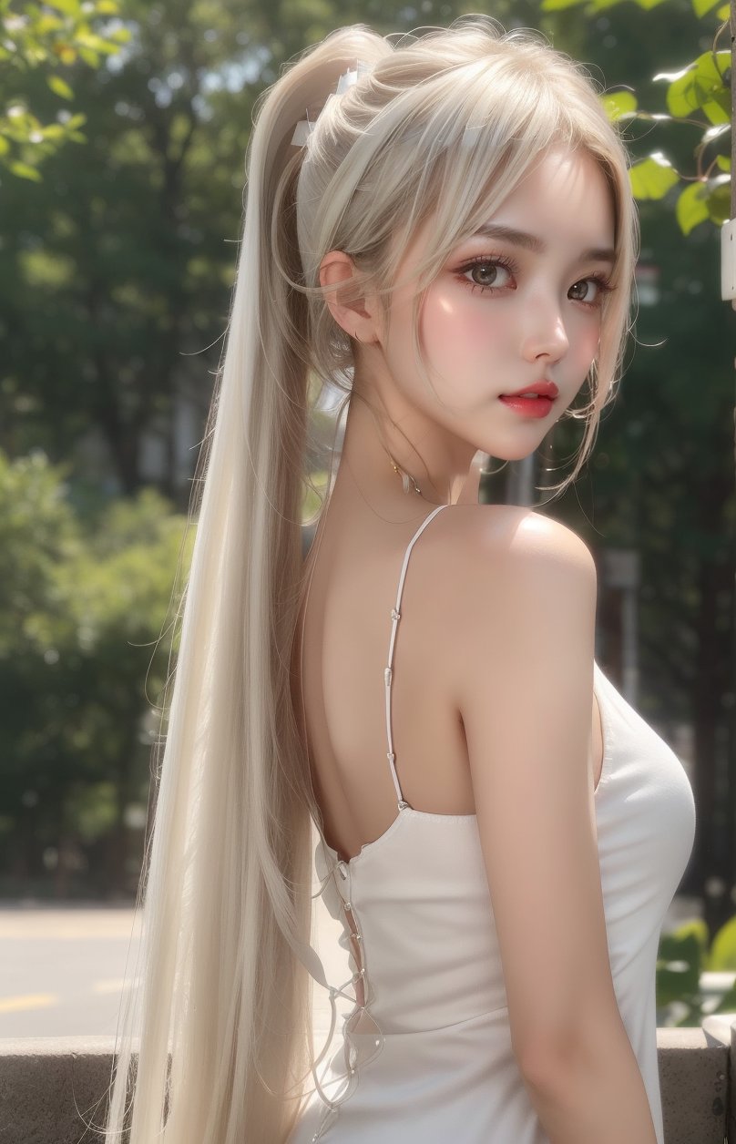 1girl, solo, sweet face, delicate face, white hair, very long hair, Hair longer than hips, Double ponytail hairstyle, looking at viewer, bangs, brown eyes, upper body, outdoors, hydrated lips, simple background, realistic,Love