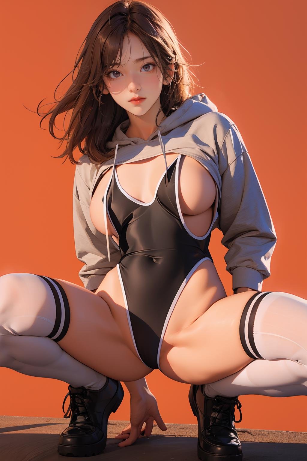 <lora:GoodHands-手beta2:1>,solo,1girl,outdoors,cityscape,red background,full body,squatting cowgirl position,spread legs,<lora:0353 yoga exercise set_v1:1>,ruanyi0353,thighhighs,cropped hoodie,one-piece swimsuit,, best quality,masterpiece,highres,official art,extremely detailed cg unity 8k wallpaper