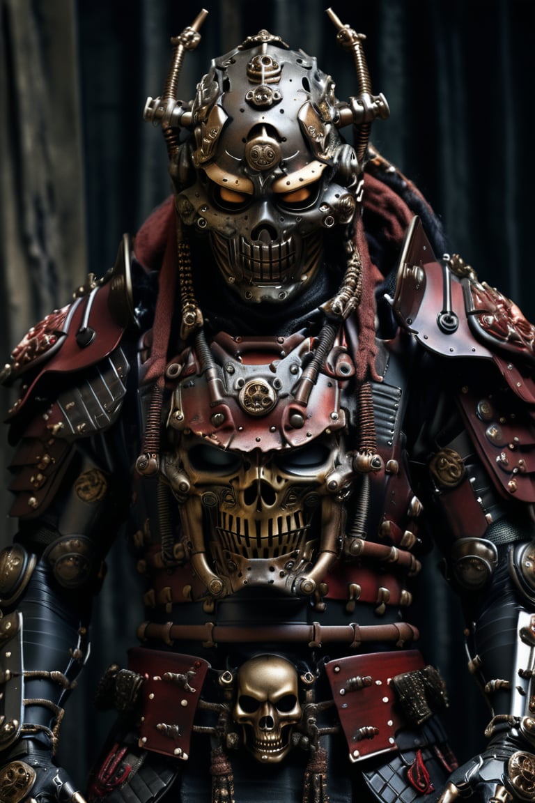 mechanical samurai, japanese armor, skull mask, cowboy shot, cyborg, 
masterpiece, best quality, aesthetic, realistic, raw photo, 