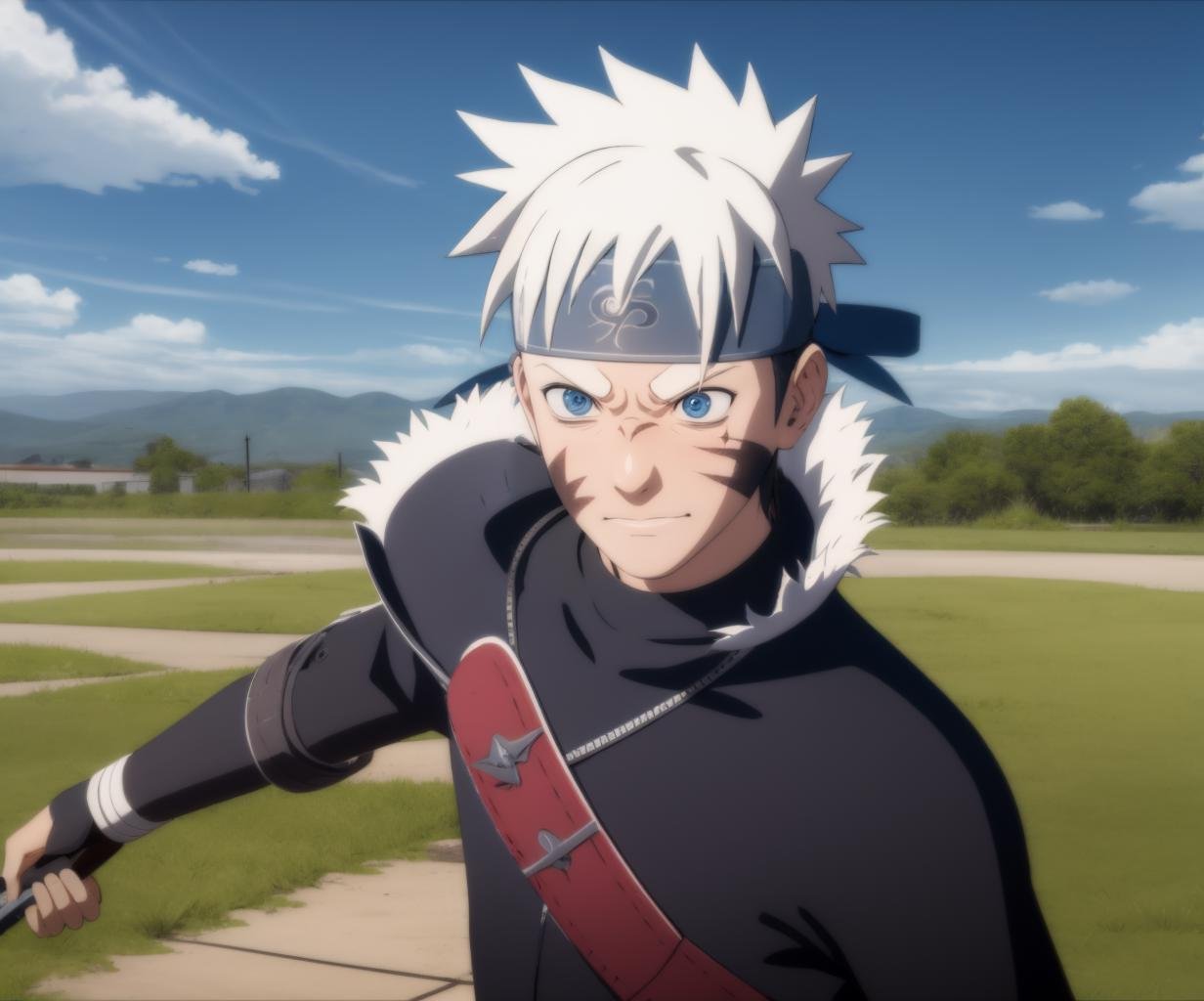 cgi,solo,long sleeves,1boy,holding,upper body,weapon,white hair,male focus,outdoors,sky,day,blue sky,fur trim,mask,scar,parody,ninja,forehead protector,kunai,konohagakure symbol,<lora:NSUNS4-10:1>,